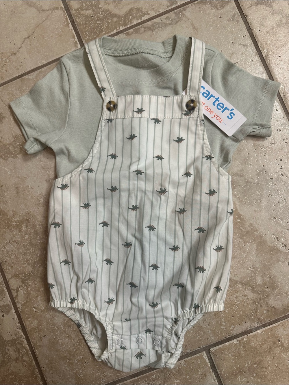 Carter's Mint Green Short Sleeve Bodysuit with Ivory Striped Overall Romper